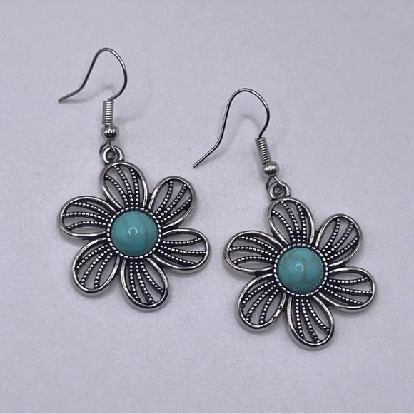 Silver Turquoise Flower Earrings - Picture 2 of 4